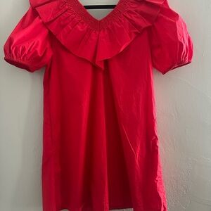 English Factory Red Ruffle-Trim Puff Sleeve Tunic